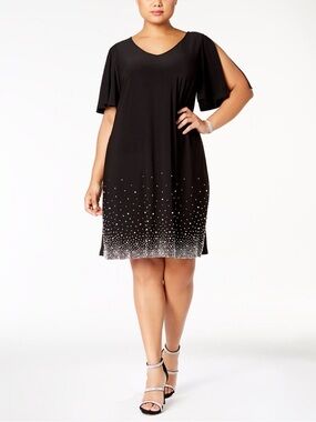 MSK Womens Beaded Shift Dress Size 1X Split Sleeve V Neck Midi Wedding Formal